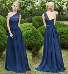 Dark Navy Women Chiffon Brautjungfern Kleider Garten Boho Hochzeits Gastpartykleider Eine Linie schiere eine schulter lange Trauzeugin WEA2645786