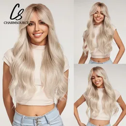 CharmSource Blonde Wavy Wig with Bangs Party Dresses for Women Natural Synthetic Hair Daily Cosplay Heat Resistant Fiber Wig 240408