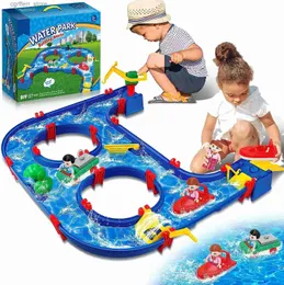 Baby Bath Toys Water Way Toys for Kids 57 PCS DIY Water Park Playset Building Block Toy on Table Beach Pool Lawn Backyard Waterway with 2 Boats L48