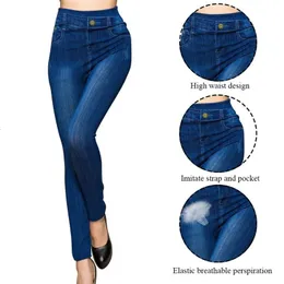 Женщины плюс размер карандаш с высоким содержанием талии джинсовые штаны леггинсы Имитация модных повседневных джинсов 240320