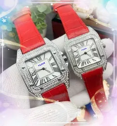 Gute gut aussehende einfache Zifferblatt -Damen Frauen Uhr Quarz Bewegung Luxus automatisch Datum Diamanten Ring Square Römische Panzer Zifferblatt Rotblau Kuh Lederarmband Uhren