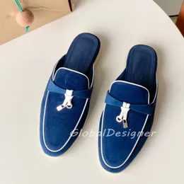 Designer casual Scuffs Mulheres Mulas chinelas lp ladra plana sandálias chinelos panos de moda de couro genuíno caixa de camurça de verão slides de praia ao ar livre