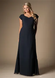 Dark Navy Blue Simple Chiffon Modest Bridesmaid Dresses Short Sleeves Long Floor Cheap Wedding Party Dresses Summer Maids of Honor2238762