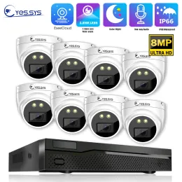 System Eyes.Sys 8pcs 8mp HD 2,8mm Lente de largura áudio Audio color noturno Visão de segurança Poe Dome Câmera de segurança 8CH 8MP 4K Poe NVR System 4TB HDD