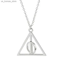 Pendant Necklaces European and American anime silver Deathly Hallows triangle rotating pendant character movie fashion jewelry necklace240408