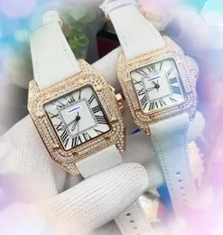 Full Diamonds Ring Quartz Movement Watch 40mm 34mm Women Men Square Roman Tank Dial Clock Red Black Blue White Cow Leather Strap Rose Gold Silver Case Wristwatch Gifts