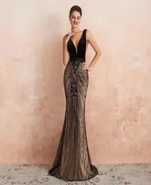 2021 Труба Deep Vneck Evening Dress Black Seerfints Pamgne Promes Promes Formal Party Wear Vestidos de Fiesta 373581544586