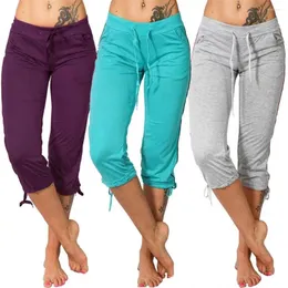 Active Pants Women Solid Color Mid Rise Pockets Drawstring Slim Capri Cropped Trousers Lounge joggar Sweatpants Yoga