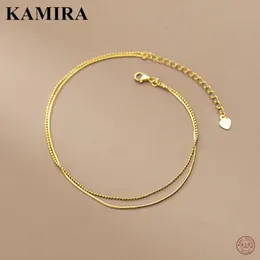 Kamira Real 925 Sterling Silver Vintage Simple Double Leaer Beads Snake Bone Bell Anklet for Women Wedding18Kゴールドファインジュエリー240408