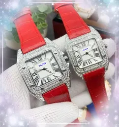 Luxury Squre Roman Tank Dial Watch Men Women Red Blue Cow Leather Clock Day Date Quartz Movement Diamonds Ring Good Nice Looking Bracelet Watches gifts