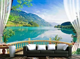 Tapety 3D Tapeta Balkon Blue Forest Lake Po niestandardowe ustawienie Sofa sofy salonu