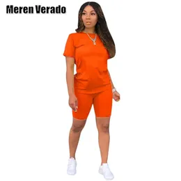 Meren Verado S4XL Kadınlar İki Parçalı Setler Takipler Kısa Kollu Topsjogger Şort Pantolon Takım Spor Fitness Kıyafet Seti 240408