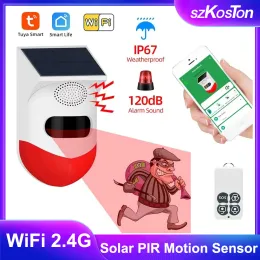 Detector Tuya Smart WiFi Infrared Motion Detector Solar Outdoor PIR Motion Sensor Sound Alarm Strobe Siren Security Protection Remote
