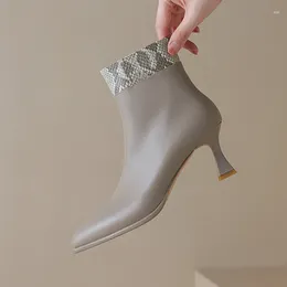 ブーツシックなファッション女性グレーアンクル蛇紋岩混合秋の短いボチン薄いハイヒールプロムポンプサイドジッパー冬のブーツ