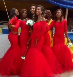 Sydafrika Style Nigerian Lace Bridesmaid Dresses 2019 Plus Size Mermaid Maid of Honor Gowns For Wedding Lace Up Red Tulle G7034191