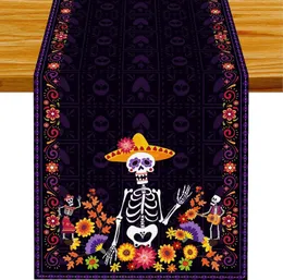 Meksika Günün Ölü Keten Masa Koşucuları Mutfak Masa Dekoru Yeniden Kullanılabilir Dia de Los Muertos Masa Koşucuları Cadılar Bayramı Dekorasyonları 240325