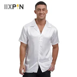 Camisa de cetim mensagada camisa de lapela de lapela de manga curta solta cor de cor sólida para o trabalho de escritório casual quimise homme wear pijamas 240329