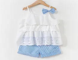 Girl039s kläder sommarbarn bow spetsar sling tshirtstriped korta byxor sätter barn ärmlösa kläder 37t 2108043835652