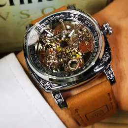 Uhren Luxus Royal Square Mechanical Uhren Retro Gravierte Bewegung Echtes Ledergürtel Luminöser Handautomatische Herren Uhr Watch Forsination