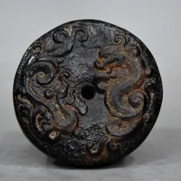 Skulpturer Hongshan Culture Archaize Black Iron Meteorite Staty Carved Mascot Dragon and Phoenix Bi Pendant Deco Gift