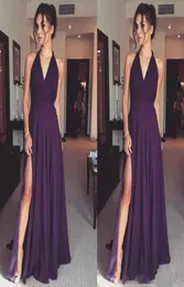 2019 Halter Purple Long Evening Dresses v Neck Neweveless Chiffon Side Split Shee Cheap Bridesmaid Dresses Party Prom Gowns4470872