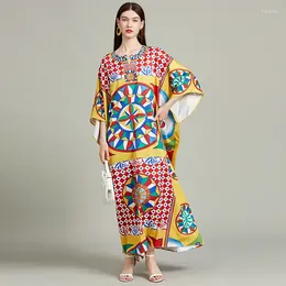 캐주얼 드레스 여름 Bohomian Maxi 드레스 런웨이 여성의 O- 넥 배트 윙 슬리브 빈티지 컬러 블록 프린트 느슨