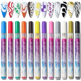 Gel 12st vattentät nagelkonst graffiti penna set nagel ritning penna nagel markör akrylfärgpennor foder diy abstrakt linje skönhetsverktyg