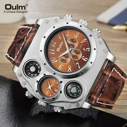 Oulm doppia fuso orario della cintura quarzo personalizzata orologio militare maschile da uomo