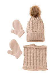 Kläder sätter vinter varm baby solid färg hatt handskar halsduk set päls boll mössor mitten halsdukar kit för småbarn flickor pojkar6608763