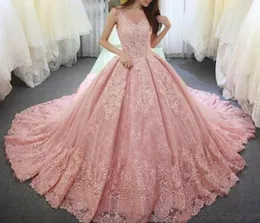 Pearl Pink Ball Gown Quinceanera Dresses Applicies spets Sweet 16 Dress Scoop Neck Vestido de Festa Long Corset Tulle Formal Prom G7120661