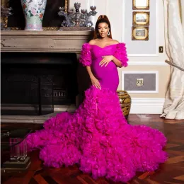 2024 Mode Abendkleider Fuchsia Puffy Sleeves Meerjungfrau Mutterschaftskleid Luxus üppige Tüll Rüschen Schwangerschaftskleider für Fotografie Roben