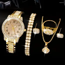 Bilek saatleri 6pcs/set kadınlar izle lüks rhinestone kuvars hiphop moda analog bilek takı set hediye anne için