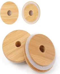 Tampas de maçom de 70 mm86mm de tampas de bambu reutilizáveis com orifício de palha e selo de silicone para frascos de pedreiro bebendo frascos lid2789065