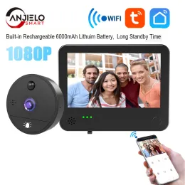 초인종 Tuya Wi -Fi Smart 1080p 비디오 초인종 구멍자 카메라 초인종 뷰어 170도 모션 감지 Tuya App 원격 제어 홈
