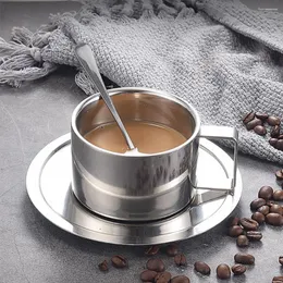 Mugs Stainless Steel Coffee Cups Set Double-deck Thermal Insulation Latte Mug Tea Milk With Saucer Mat Spoon 200ml 180ml