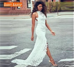 Party Dresses Fashion Ivory Mermaid Evening Gowns 2022 Long HighNeck Lace Backless Sweep Train Women Dress Formal4243764