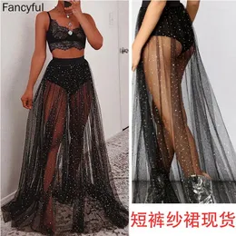 Skirts Women Sexy Punk See-through Mesh Gold Hem Skirt Temperament Long Dress Overskirt Gothic Tulle For Female 2024