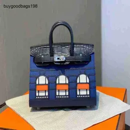 Bolsas de sacola de bolsas de cera artesanal costura de saco Bk20cm de crocodilo montagem de pele de crocodilo house bola de fivela azul da meia -noite bolsa de palmeira couro de palmeira