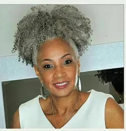 Custom two tone mixed Silver grey human hair Ponytail hairpiece Clip in afro kinky curly gray hair Ponytails Extensions drawstring1857235