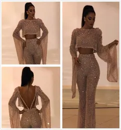 2019 Pailletten zwei Stücke Abschlussballkleider Scheide Langarmer Jumpsuit Plus Size Formal Kleider Party Abendkleider Hosen Anzüge BC02401618835