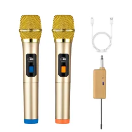 Mikrofoner Trådlös mikrofon UHF Dual Cordless Dynamic Mic System med uppladdningsbar mottagare för karaoke som sjunger DJ -mikrofon