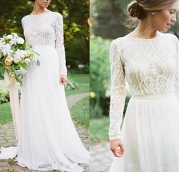 2018 Country Wedding Dresses With Long Sleeves Bateau Neck A Line Lace Applique Chiffon Boho Bridal Gowns Cheap Bohemian Wedding D5506161