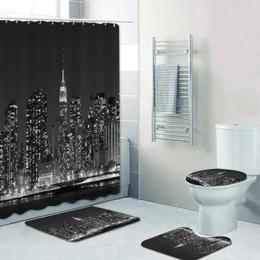 Duschvorhänge schwarz weiße York City in den Nächten Badezimmer Set für Badewanne Skyline Toilettenhäuser Teppichmatten Matten