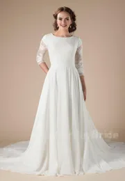 Ny ankomst Long Lace Chiffon Beach Modest Wedding Dresses med 34 ärmar Boho Informal LDS Wedding Dresses Temple Bridal Gowns4437998