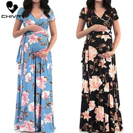 Chivry Maternity Dres Floral Print Short Sleeve Vneck Maxi Long Dress Gravid Casual Clothes Summer 240326