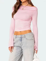 여자 T 셔츠 여성 티셔츠 우아한 긴 슬리브 보트 넥 단단한 슬림 한 여자 가을 탑 탑 스트리트웨어