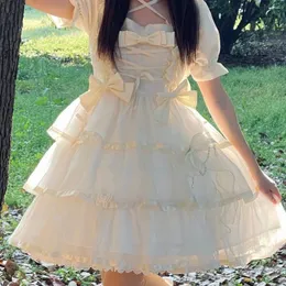 パーティードレス夏のロリータオプドレス女性カワイイ日本語スイートメッシュボウフルスかわいいプリンセスミニエレガントな妖精ベスティドス