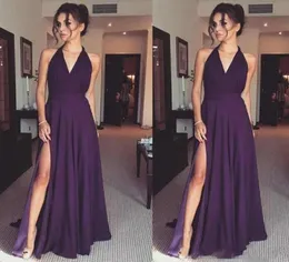 2019 Halter Purple Long Evening Dresses v الرقبة بلا أكمام شيفون تقسيم فساتين وصيفات الشرف الرخيصة حفلة حفلة موسيقية 9532064