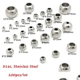 Perle di cristallo 100pcs 2 mm12 mm 316L in acciaio inossidabile in acciaio europeo metallo metallico a foro grande per gioielli che producono una collana per bracciale fai da te goccia dhvhp