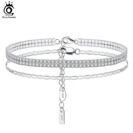 ORSA JEWELS Italian 925 Sterling Silver Sparkle Mirror 2 Rows Tennis Anklet for Women Foot Bracelet Ankle Jewelry Gift SSA03 240408